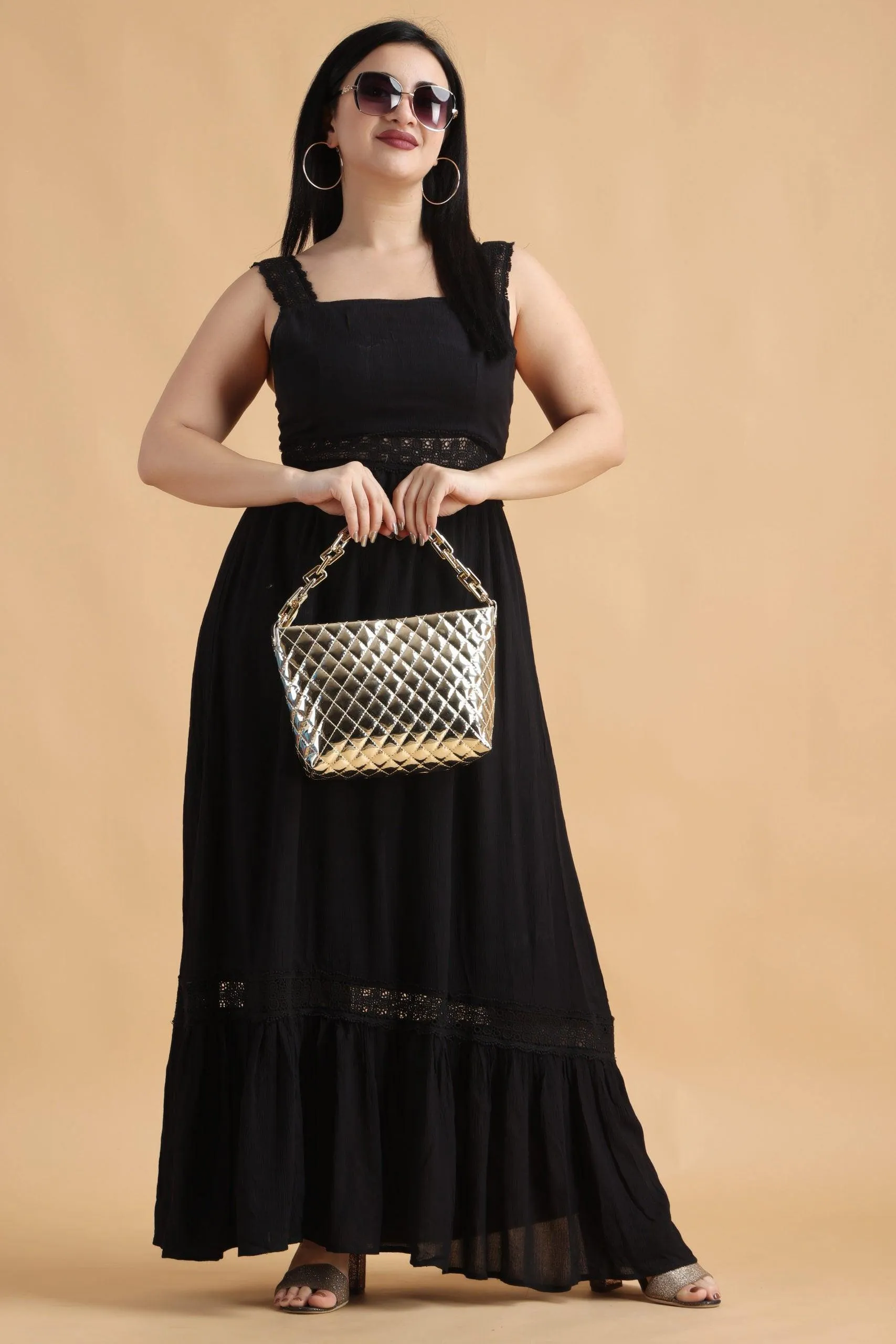Black Solid Maxi Dress with Lace