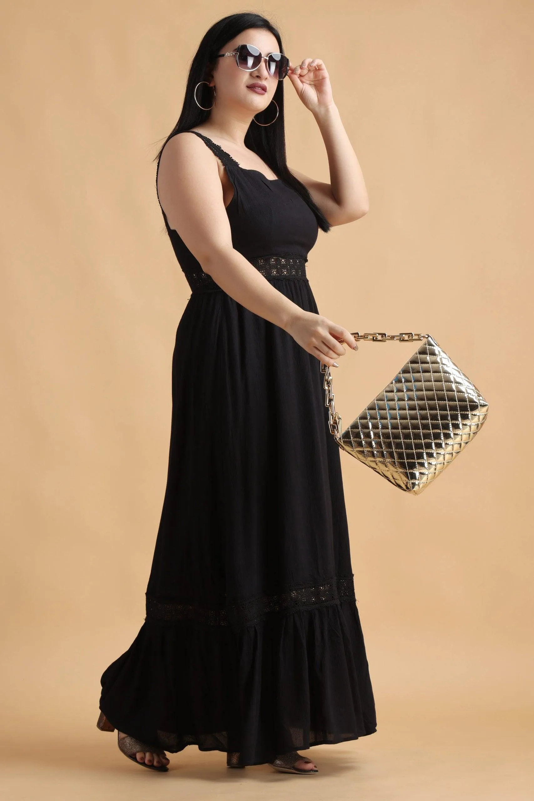 Black Solid Maxi Dress with Lace