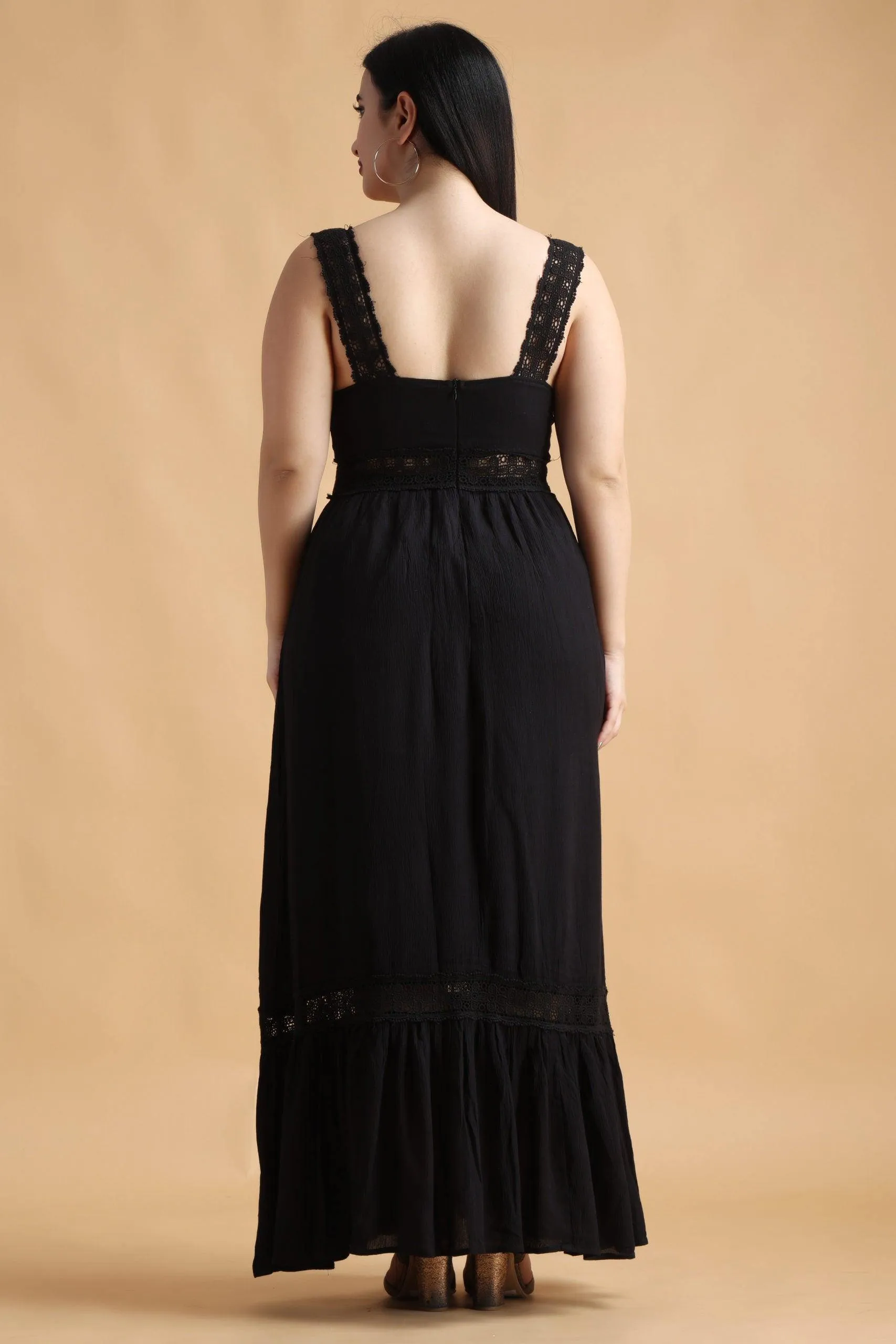 Black Solid Maxi Dress with Lace