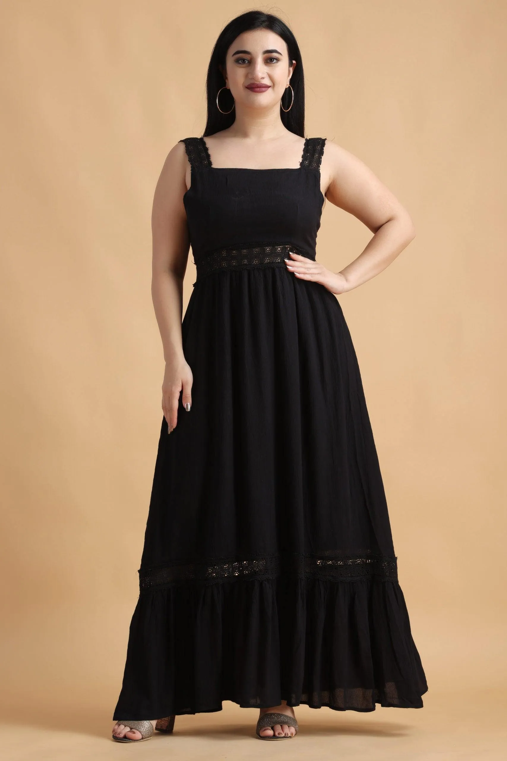 Black Solid Maxi Dress with Lace