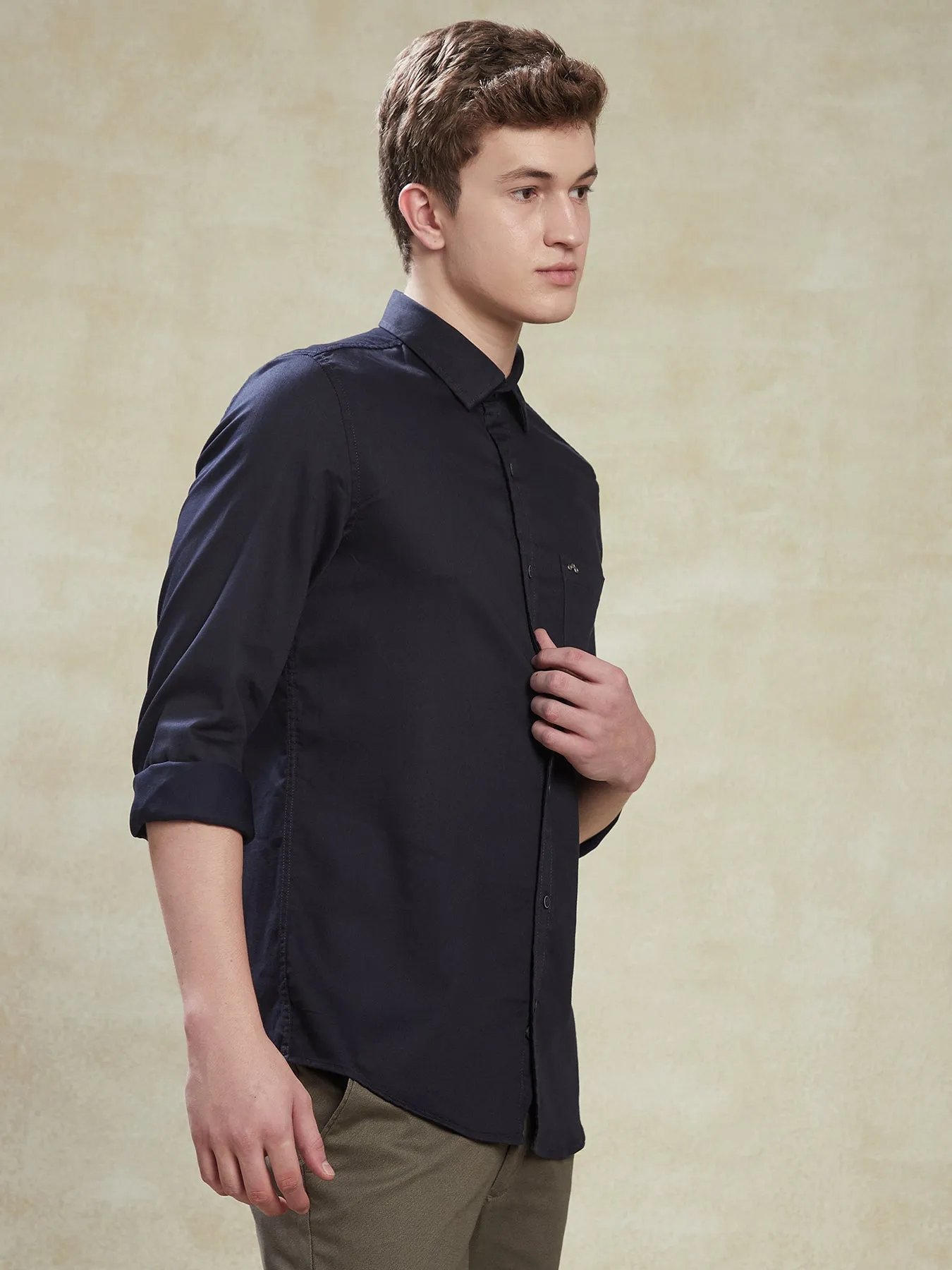 Cotton Stretch Navy Blue Slim Fit Full Sleeve Casual Mens Plain Shirt