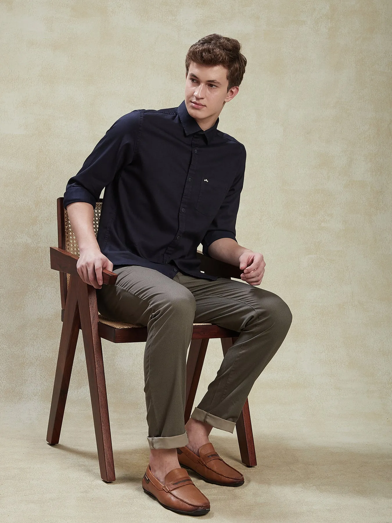 Cotton Stretch Navy Blue Slim Fit Full Sleeve Casual Mens Plain Shirt