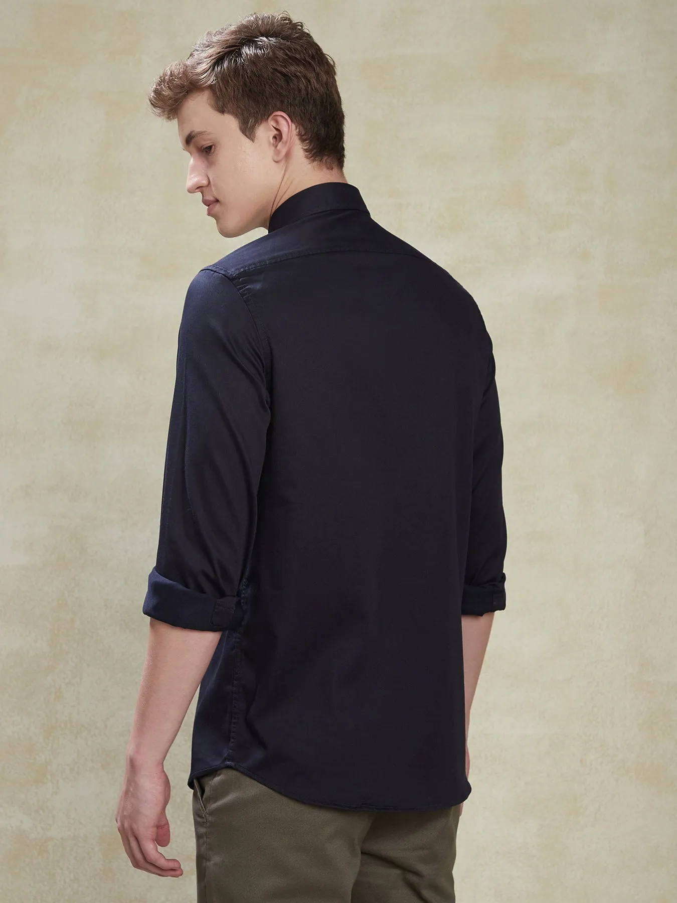 Cotton Stretch Navy Blue Slim Fit Full Sleeve Casual Mens Plain Shirt