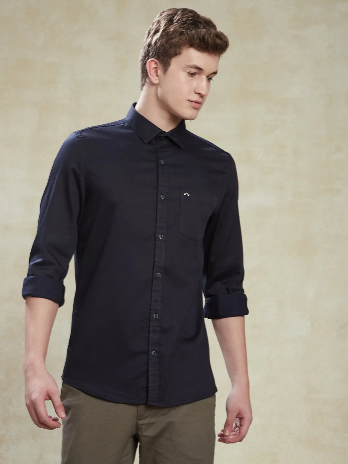 Cotton Stretch Navy Blue Slim Fit Full Sleeve Casual Mens Plain Shirt