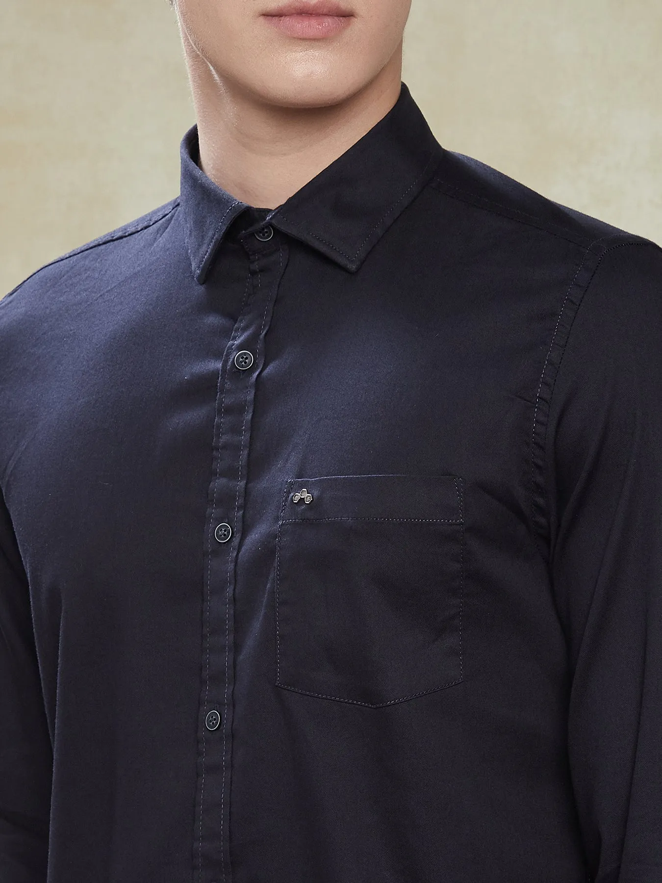Cotton Stretch Navy Blue Slim Fit Full Sleeve Casual Mens Plain Shirt