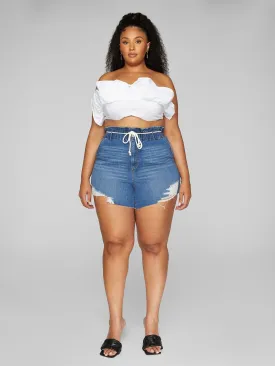 High Rise Tie Waist Denim Shorts