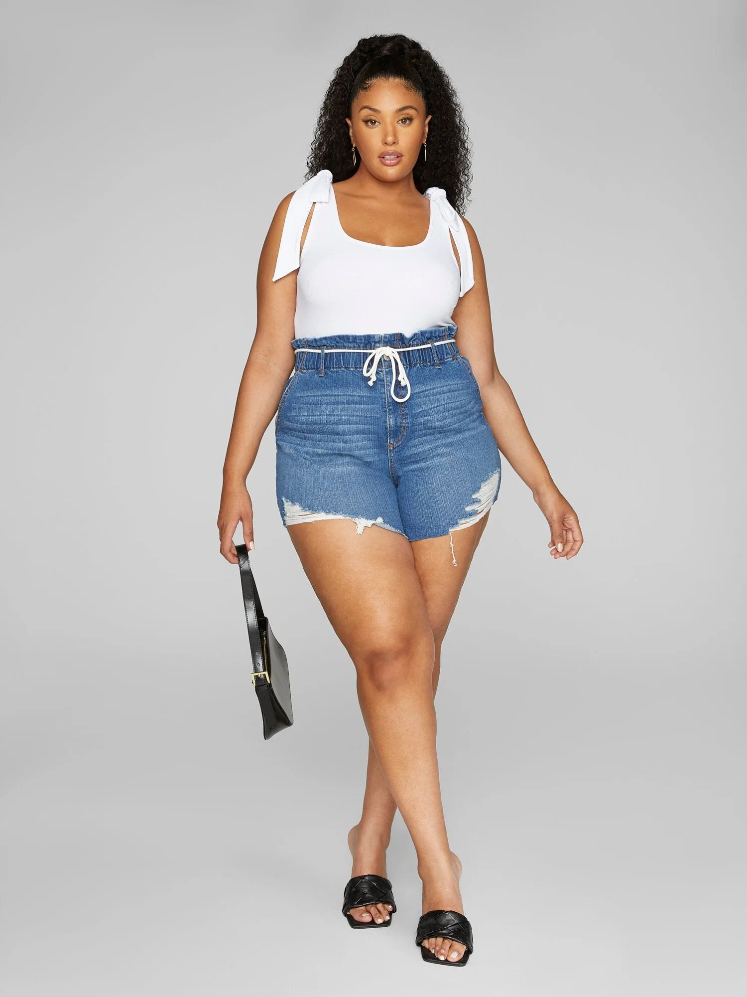 High Rise Tie Waist Denim Shorts