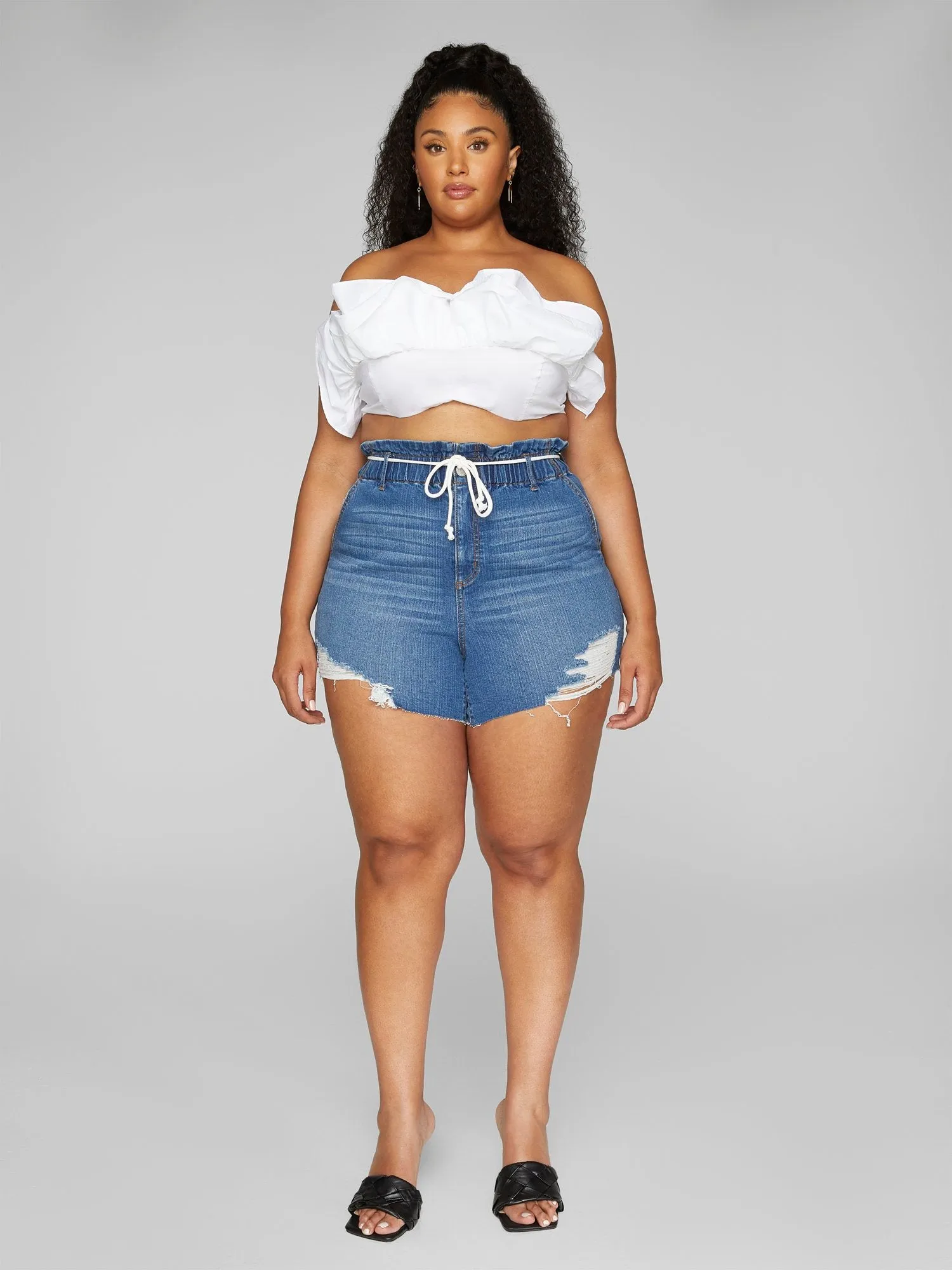 High Rise Tie Waist Denim Shorts