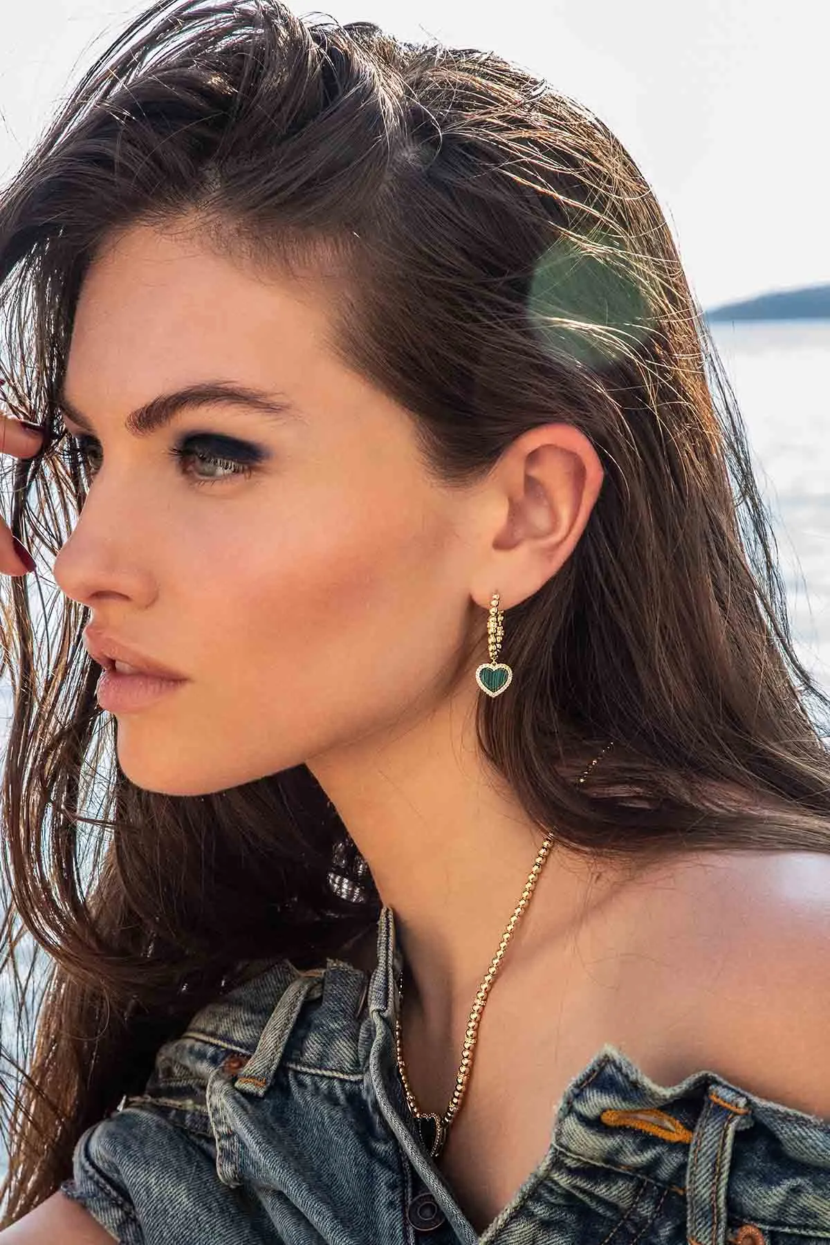 Hoop Earrings with Malachite Heart