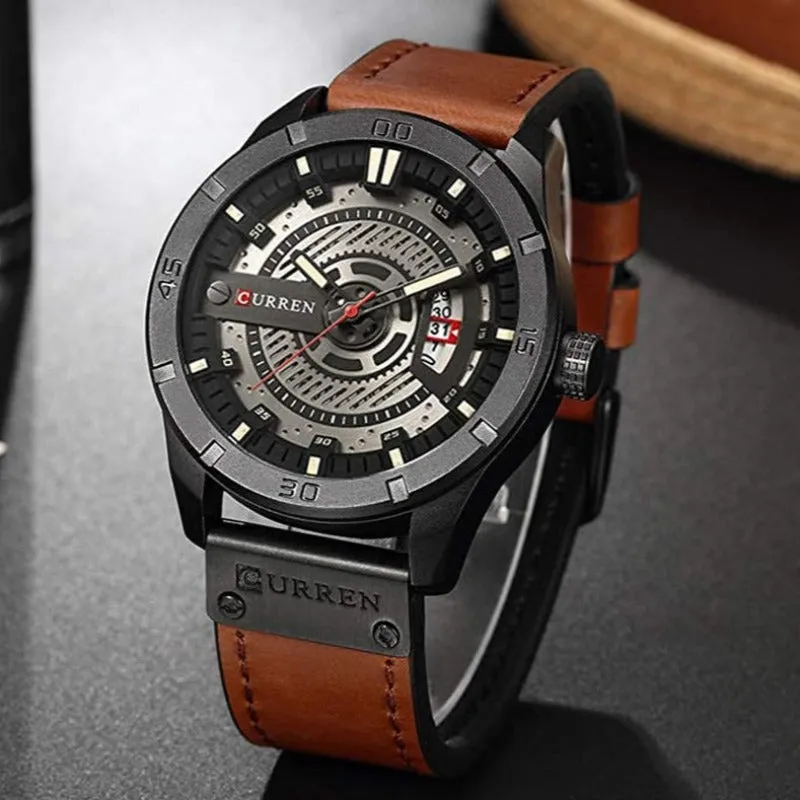 Men's Leather Strap Watch - Stainless Steel Waterproof Date Analog Quartz Watch