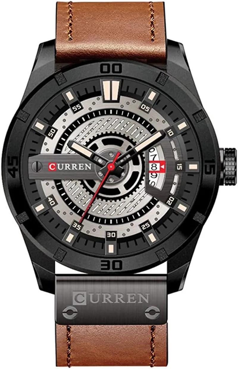 Men's Leather Strap Watch - Stainless Steel Waterproof Date Analog Quartz Watch