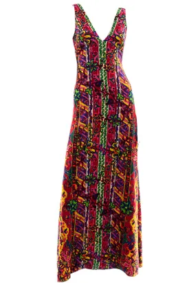 Vintage 1970s Bright Floral Paisley Print Sleeveless Maxi Dress
