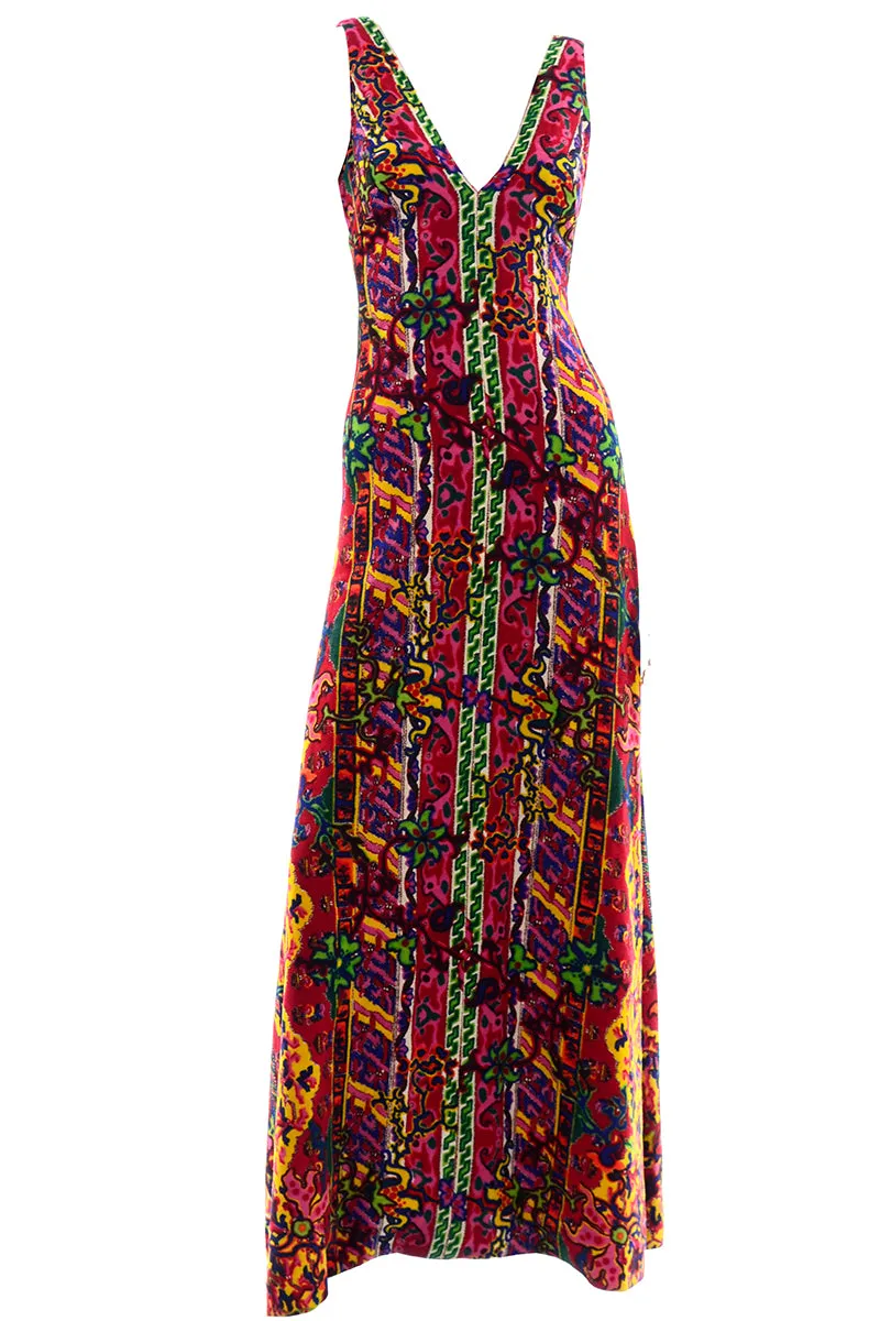Vintage 1970s Bright Floral Paisley Print Sleeveless Maxi Dress