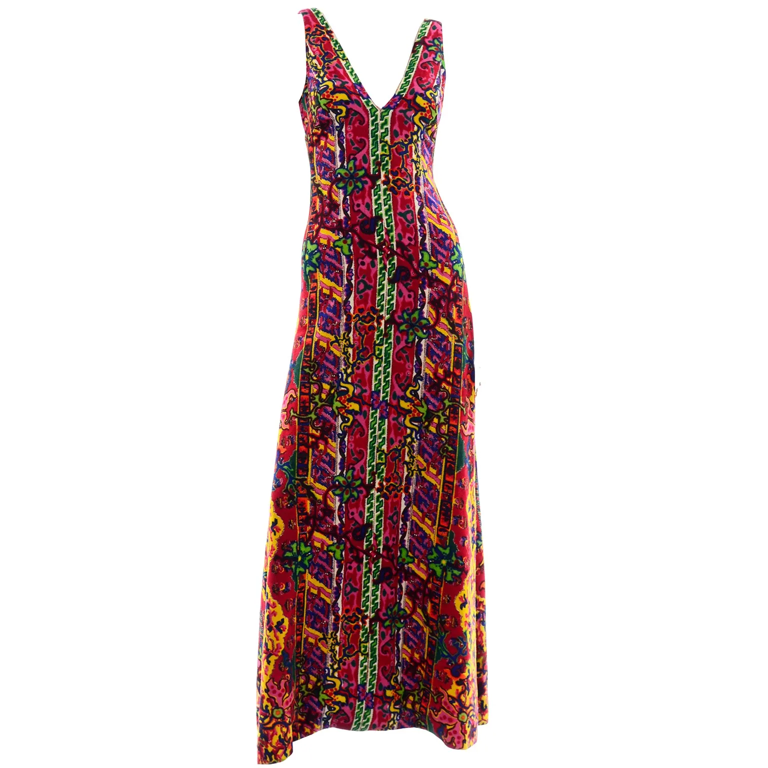 Vintage 1970s Bright Floral Paisley Print Sleeveless Maxi Dress